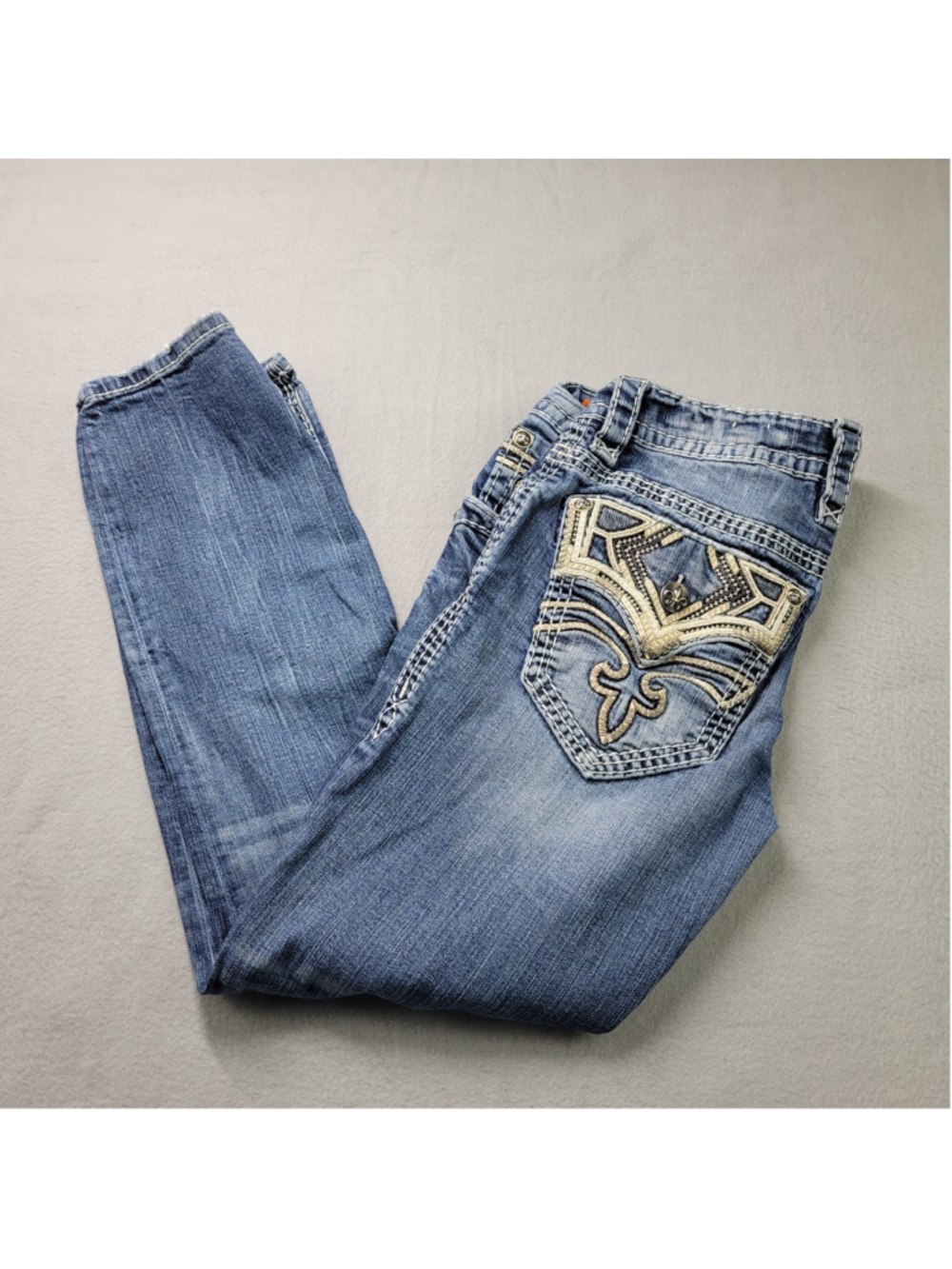 Rock Revival Triton Slim Straight Jeans Mens 32x30 Blue Embroidered Fleur De Lis - Picture 3 of 14